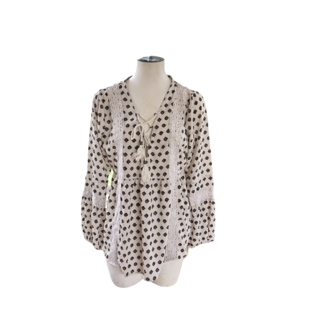 Hint of Mint Boho Blouse With Crochet Lace Trim Size L